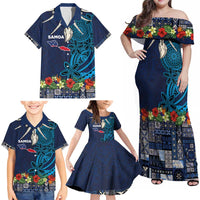 Samoa Siapo Polynesian Art Family Matching Off Shoulder Maxi Dress and Hawaiian Shirt Tropical Flowers and Tatau Pattern Navy LT03 - Polynesian Pride