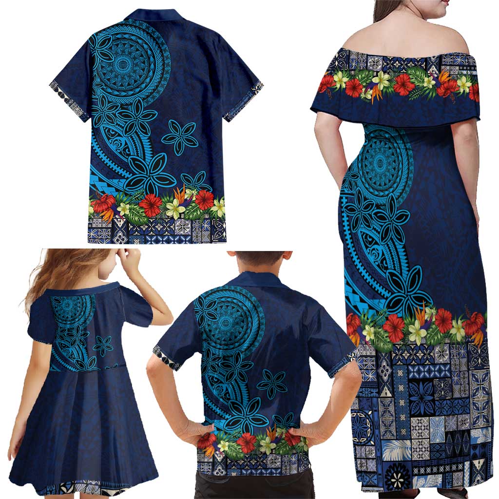 Samoa Siapo Polynesian Art Family Matching Off Shoulder Maxi Dress and Hawaiian Shirt Tropical Flowers and Tatau Pattern Navy LT03 - Polynesian Pride