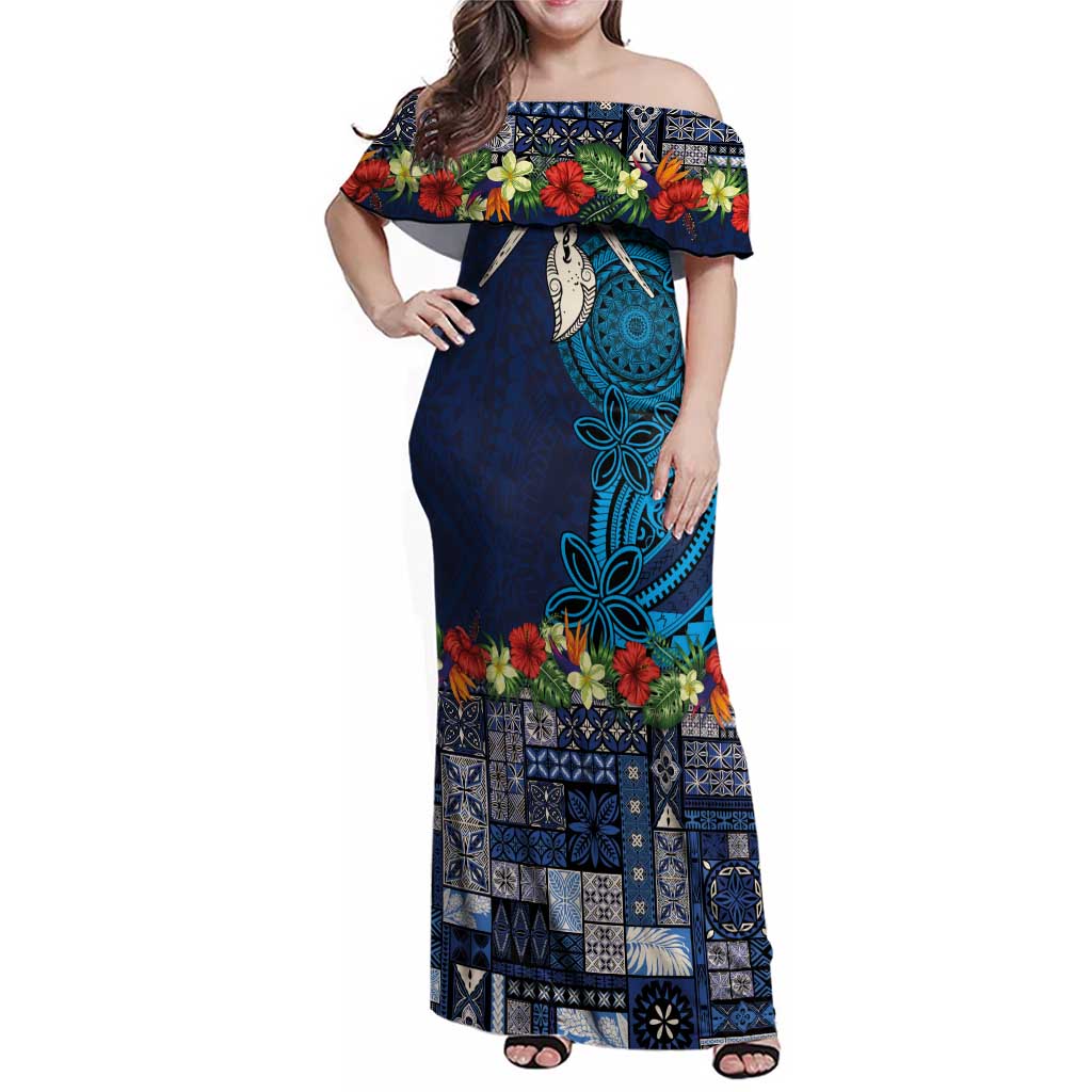 Samoa Siapo Polynesian Art Family Matching Off Shoulder Maxi Dress and Hawaiian Shirt Tropical Flowers and Tatau Pattern Navy LT03 Mom's Dress Navy - Polynesian Pride