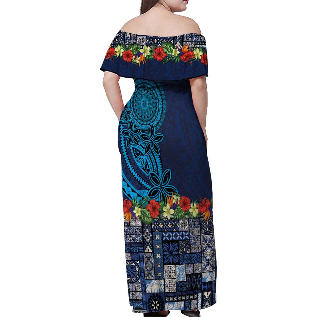 Samoa Siapo Polynesian Art Family Matching Off Shoulder Maxi Dress and Hawaiian Shirt Tropical Flowers and Tatau Pattern Navy LT03 - Polynesian Pride