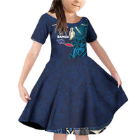Samoa Siapo Polynesian Art Family Matching Off Shoulder Short Dress and Hawaiian Shirt Tropical Flowers and Tatau Pattern Navy LT03 Daughter's Dress Navy - Polynesian Pride