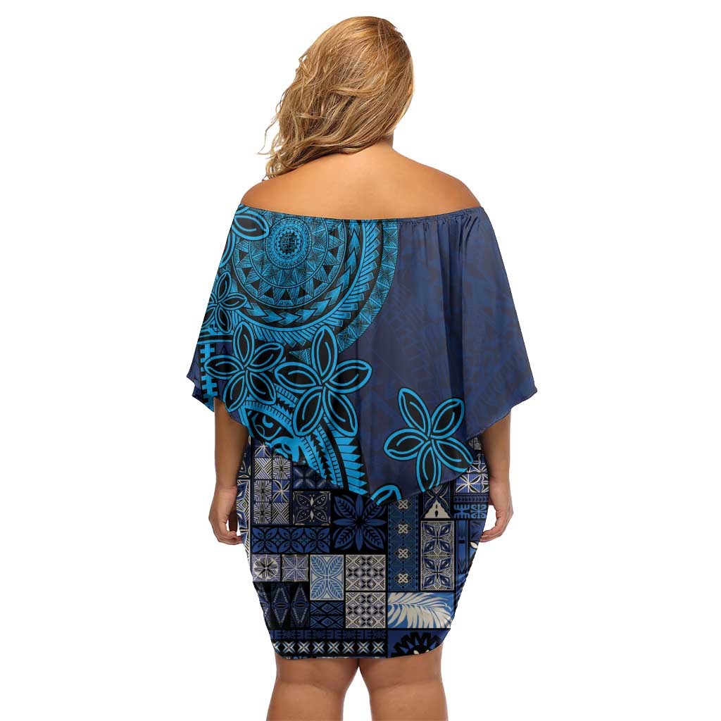 Samoa Siapo Polynesian Art Family Matching Off Shoulder Short Dress and Hawaiian Shirt Tropical Flowers and Tatau Pattern Navy LT03 - Polynesian Pride