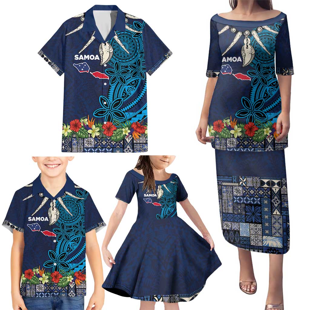 Samoa Siapo Polynesian Art Family Matching Puletasi and Hawaiian Shirt Tropical Flowers and Tatau Pattern Navy LT03 - Polynesian Pride