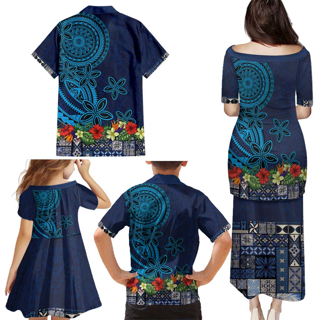 Samoa Siapo Polynesian Art Family Matching Puletasi and Hawaiian Shirt Tropical Flowers and Tatau Pattern Navy LT03 - Polynesian Pride