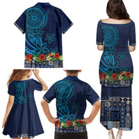 Samoa Siapo Polynesian Art Family Matching Puletasi and Hawaiian Shirt Tropical Flowers and Tatau Pattern Navy LT03 - Polynesian Pride