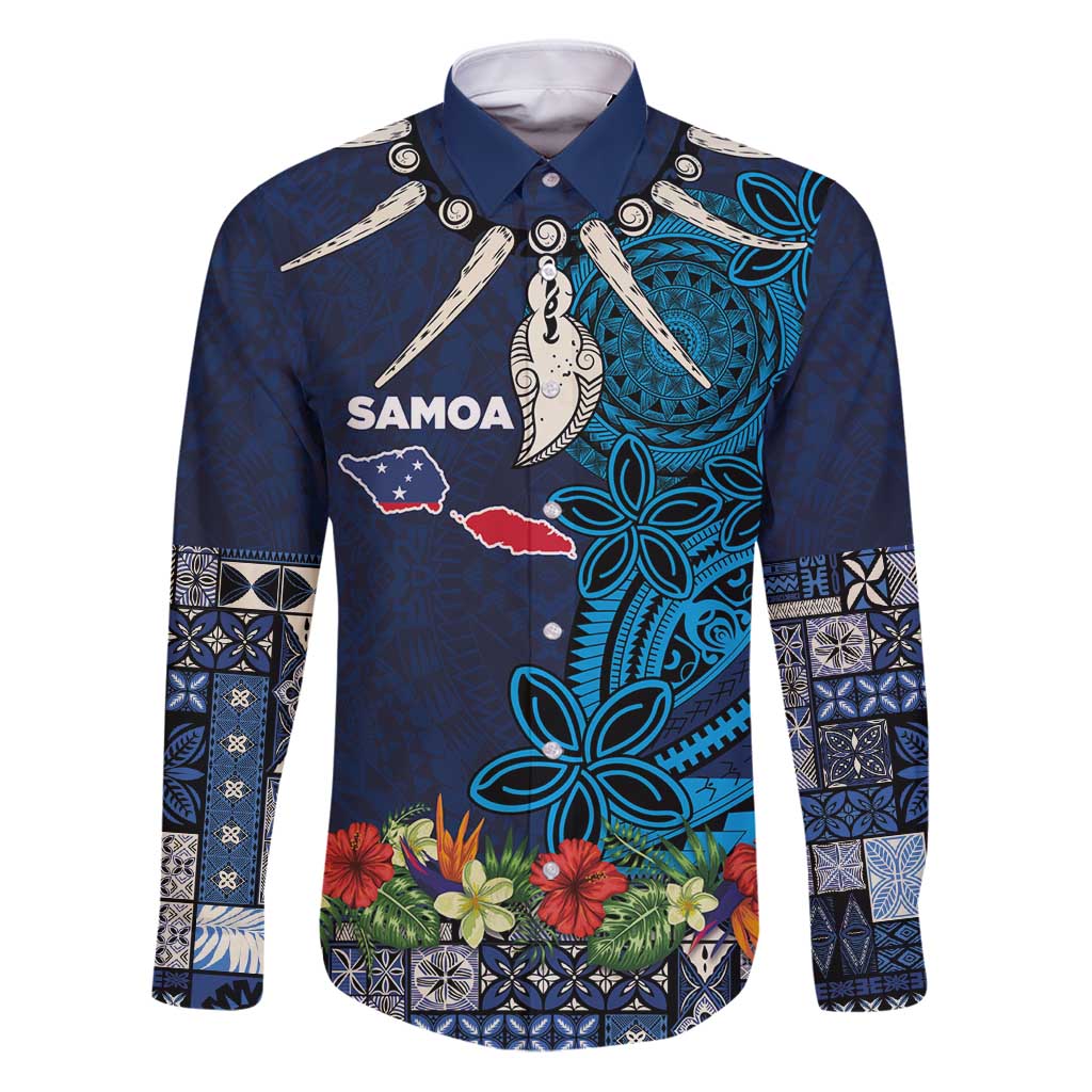 Samoa Siapo Polynesian Art Family Matching Puletasi and Hawaiian Shirt Tropical Flowers and Tatau Pattern Navy LT03 Dad's Shirt - Long Sleeve Navy - Polynesian Pride