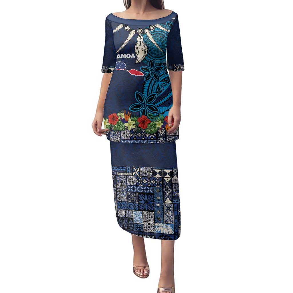 Samoa Siapo Polynesian Art Family Matching Puletasi and Hawaiian Shirt Tropical Flowers and Tatau Pattern Navy LT03 Mom's Dress Navy - Polynesian Pride