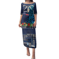 Samoa Siapo Polynesian Art Family Matching Puletasi and Hawaiian Shirt Tropical Flowers and Tatau Pattern Navy LT03 Mom's Dress Navy - Polynesian Pride