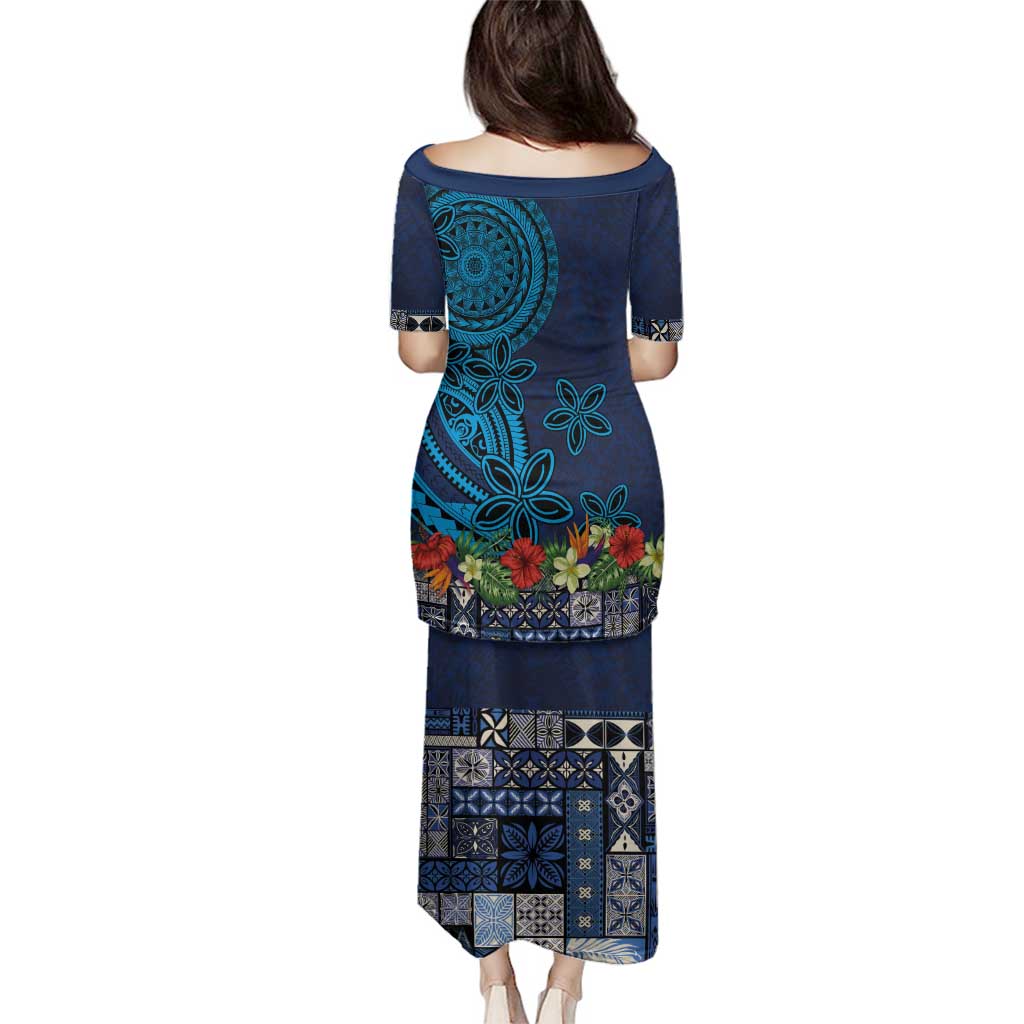 Samoa Siapo Polynesian Art Family Matching Puletasi and Hawaiian Shirt Tropical Flowers and Tatau Pattern Navy LT03 - Polynesian Pride
