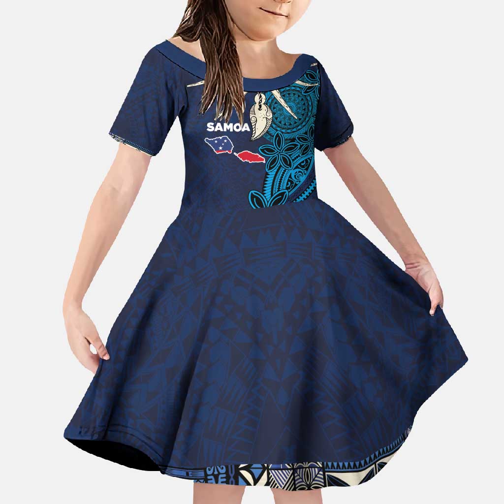 Samoa Siapo Polynesian Art Family Matching Short Sleeve Bodycon Dress and Hawaiian Shirt Tropical Flowers and Tatau Pattern Navy LT03 Daughter's Dress Navy - Polynesian Pride