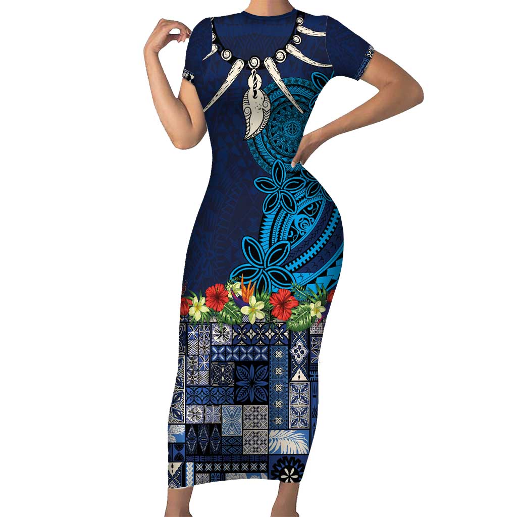 Samoa Siapo Polynesian Art Family Matching Short Sleeve Bodycon Dress and Hawaiian Shirt Tropical Flowers and Tatau Pattern Navy LT03 Mom's Dress Navy - Polynesian Pride