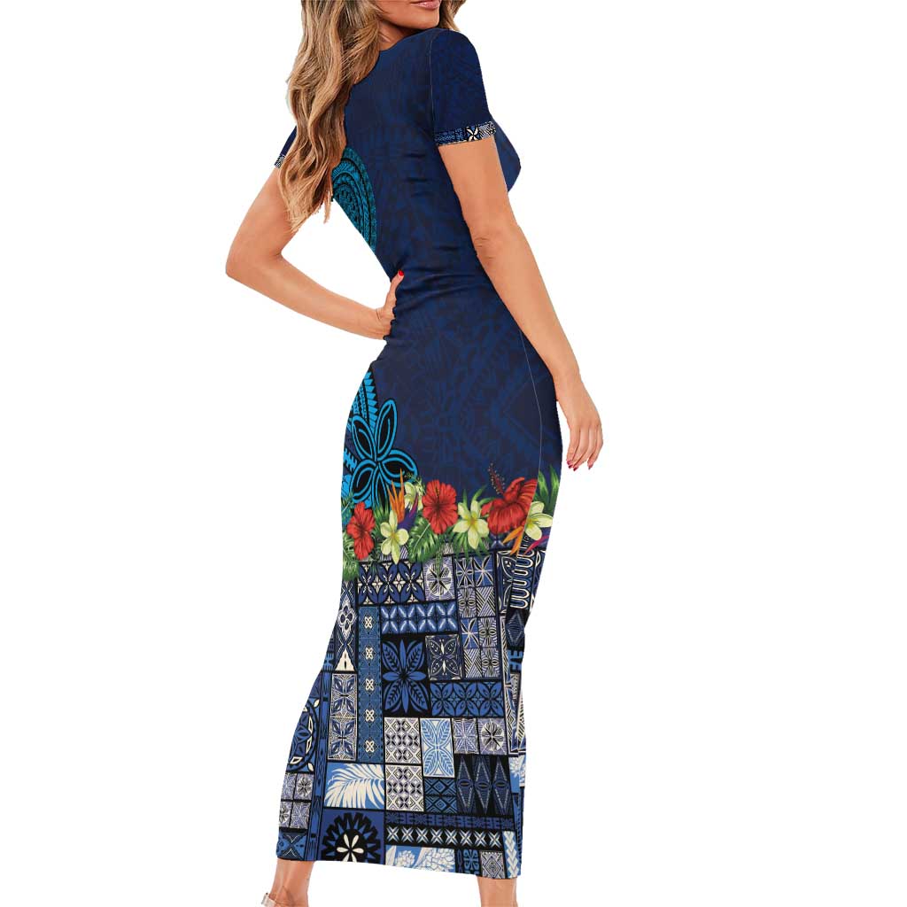 Samoa Siapo Polynesian Art Family Matching Short Sleeve Bodycon Dress and Hawaiian Shirt Tropical Flowers and Tatau Pattern Navy LT03 - Polynesian Pride