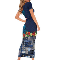 Samoa Siapo Polynesian Art Family Matching Short Sleeve Bodycon Dress and Hawaiian Shirt Tropical Flowers and Tatau Pattern Navy LT03 - Polynesian Pride