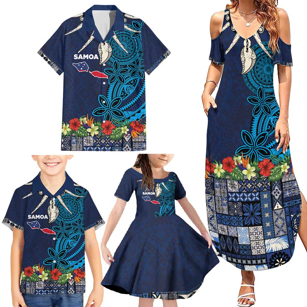 Samoa Siapo Polynesian Art Family Matching Summer Maxi Dress and Hawaiian Shirt Tropical Flowers and Tatau Pattern Navy LT03 - Polynesian Pride