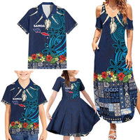 Samoa Siapo Polynesian Art Family Matching Summer Maxi Dress and Hawaiian Shirt Tropical Flowers and Tatau Pattern Navy LT03 - Polynesian Pride
