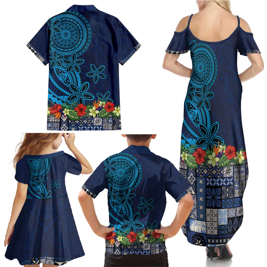 Samoa Siapo Polynesian Art Family Matching Summer Maxi Dress and Hawaiian Shirt Tropical Flowers and Tatau Pattern Navy LT03 - Polynesian Pride