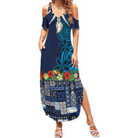 Samoa Siapo Polynesian Art Family Matching Summer Maxi Dress and Hawaiian Shirt Tropical Flowers and Tatau Pattern Navy LT03 Mom's Dress Navy - Polynesian Pride
