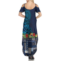 Samoa Siapo Polynesian Art Family Matching Summer Maxi Dress and Hawaiian Shirt Tropical Flowers and Tatau Pattern Navy LT03 - Polynesian Pride