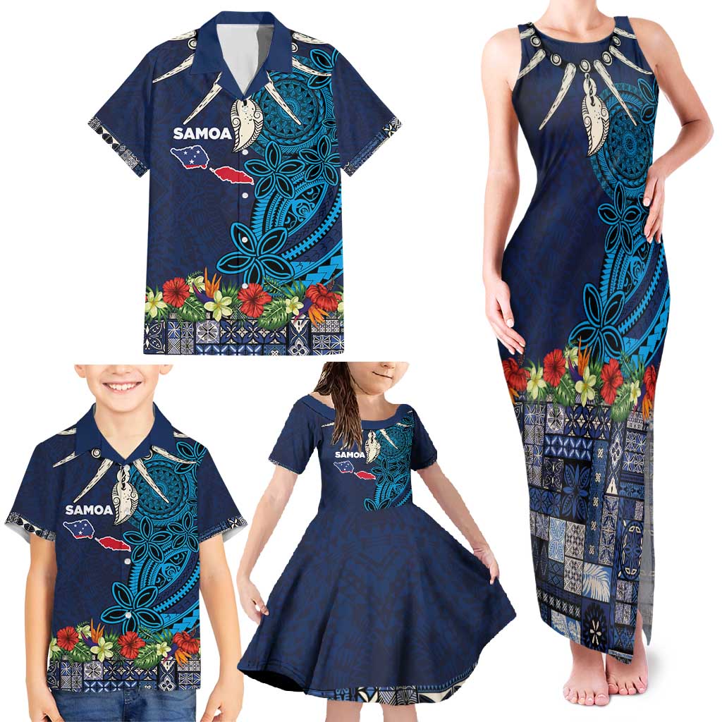 Samoa Siapo Polynesian Art Family Matching Tank Maxi Dress and Hawaiian Shirt Tropical Flowers and Tatau Pattern Navy LT03 - Polynesian Pride