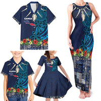 Samoa Siapo Polynesian Art Family Matching Tank Maxi Dress and Hawaiian Shirt Tropical Flowers and Tatau Pattern Navy LT03 - Polynesian Pride