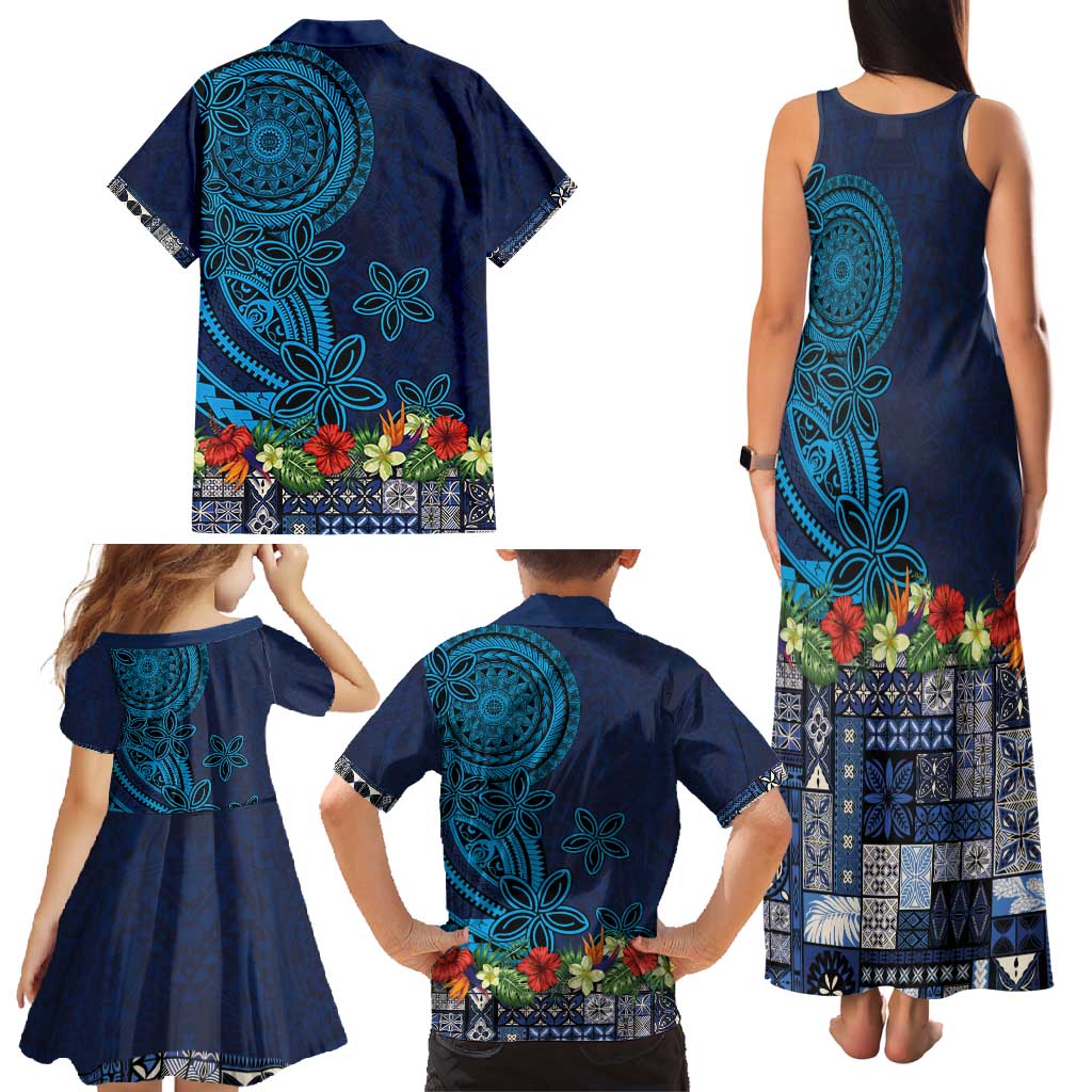 Samoa Siapo Polynesian Art Family Matching Tank Maxi Dress and Hawaiian Shirt Tropical Flowers and Tatau Pattern Navy LT03 - Polynesian Pride