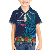 Samoa Siapo Polynesian Art Family Matching Tank Maxi Dress and Hawaiian Shirt Tropical Flowers and Tatau Pattern Navy LT03 Son's Shirt Navy - Polynesian Pride