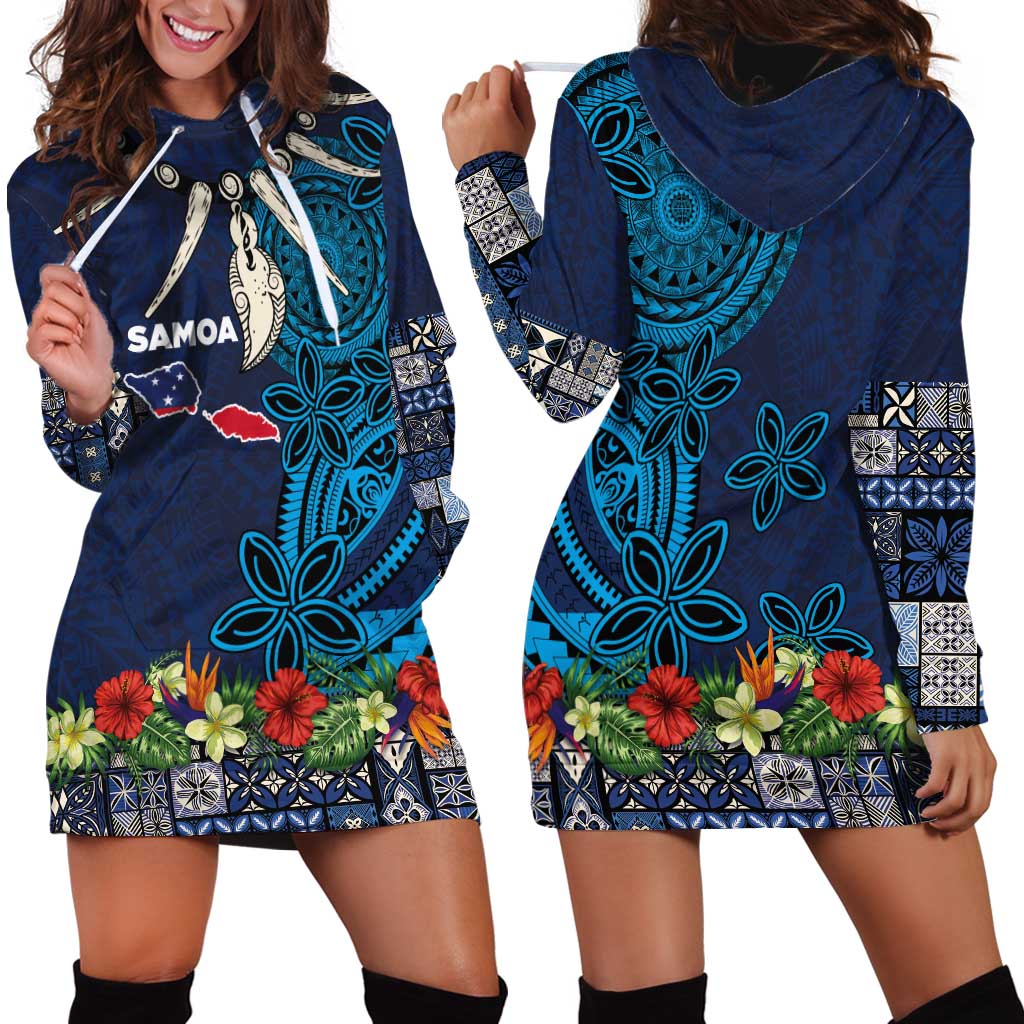 Samoa Siapo Polynesian Art Hoodie Dress Tropical Flowers and Tatau Pattern Navy LT03 - Polynesian Pride