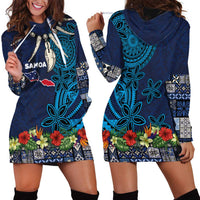 Samoa Siapo Polynesian Art Hoodie Dress Tropical Flowers and Tatau Pattern Navy LT03 - Polynesian Pride