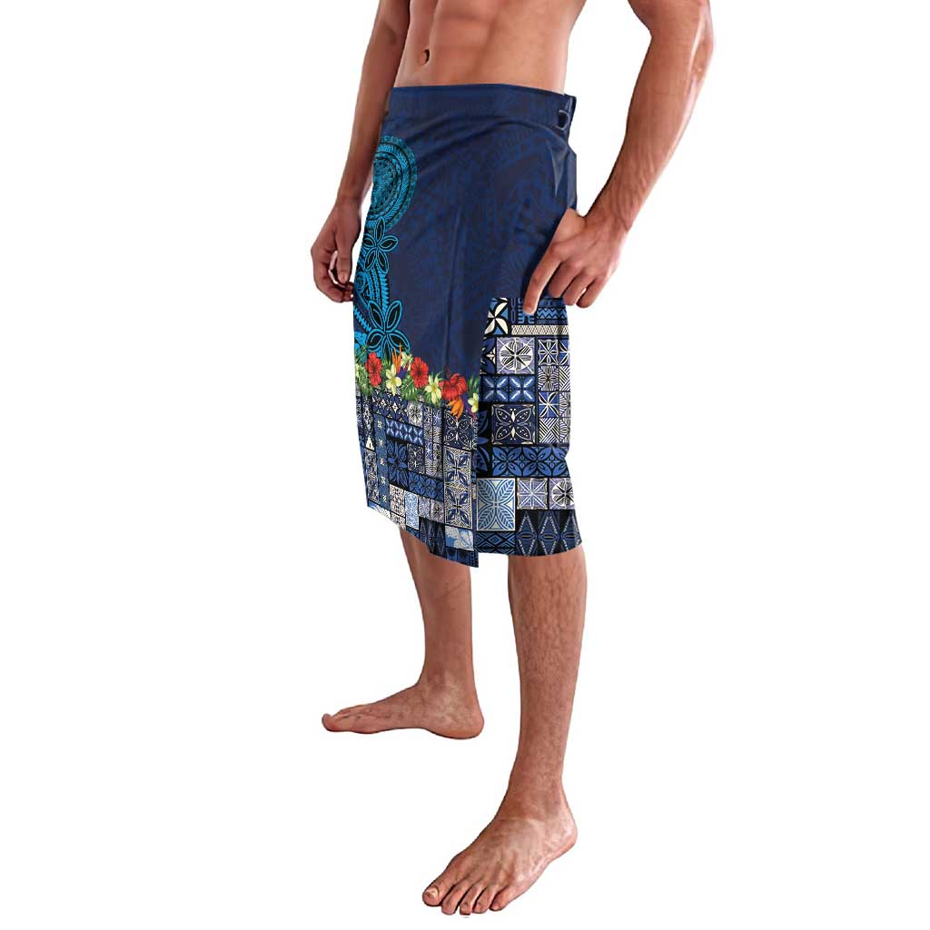 Samoa Siapo Polynesian Art Lavalava Tropical Flowers and Tatau Pattern Navy
