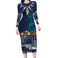 Samoa Siapo Polynesian Art Long Sleeve Bodycon Dress Tropical Flowers and Tatau Pattern Navy LT03 Long Dress Navy - Polynesian Pride