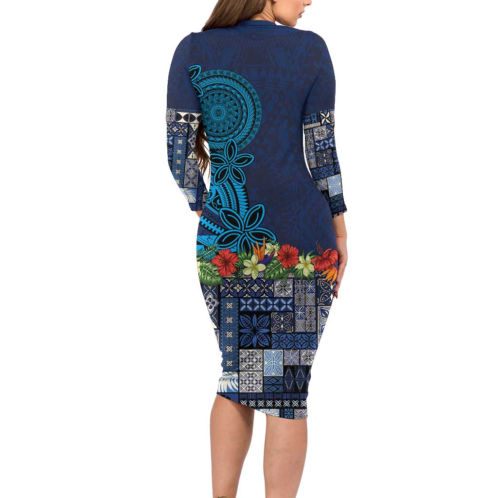 Samoa Siapo Polynesian Art Long Sleeve Bodycon Dress Tropical Flowers and Tatau Pattern Navy LT03 - Polynesian Pride