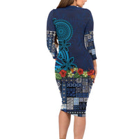 Samoa Siapo Polynesian Art Long Sleeve Bodycon Dress Tropical Flowers and Tatau Pattern Navy LT03 - Polynesian Pride