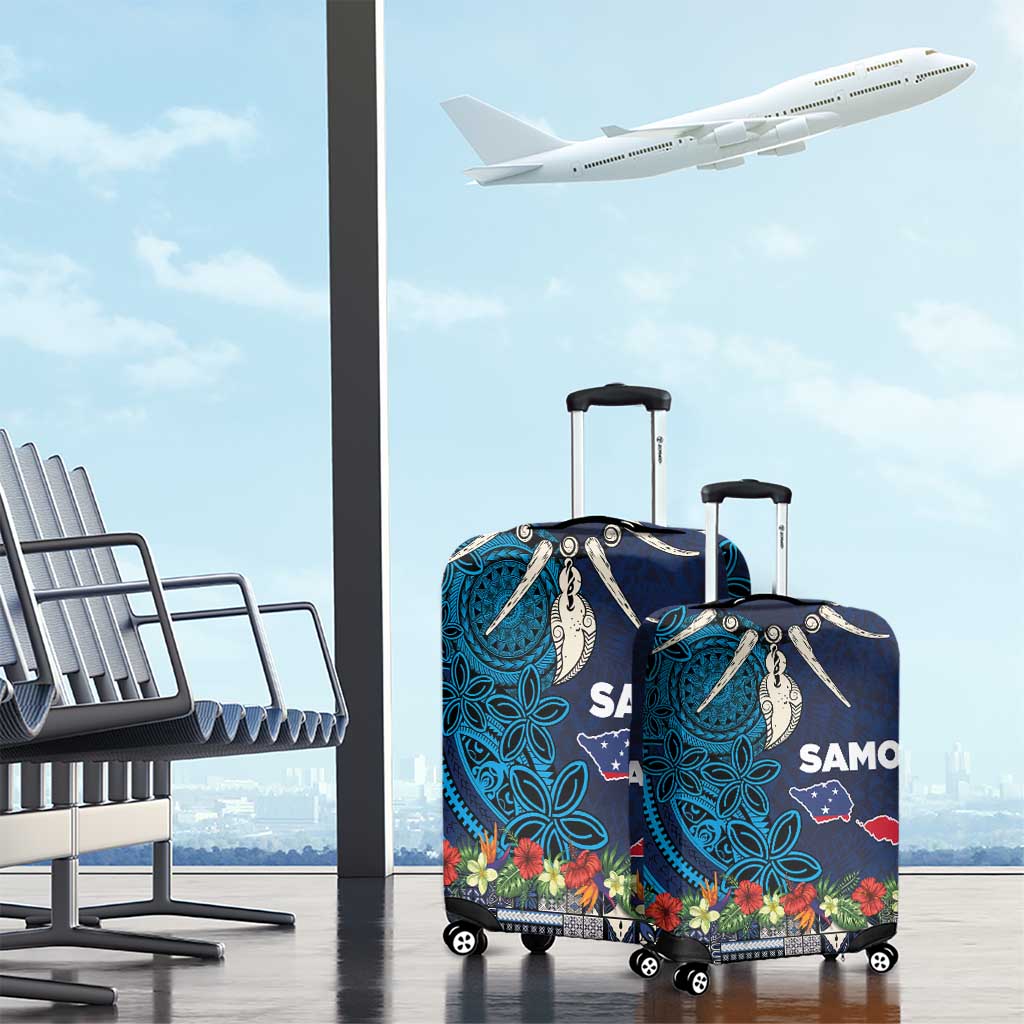 Samoa Siapo Polynesian Art Luggage Cover Tropical Flowers and Tatau Pattern Navy
