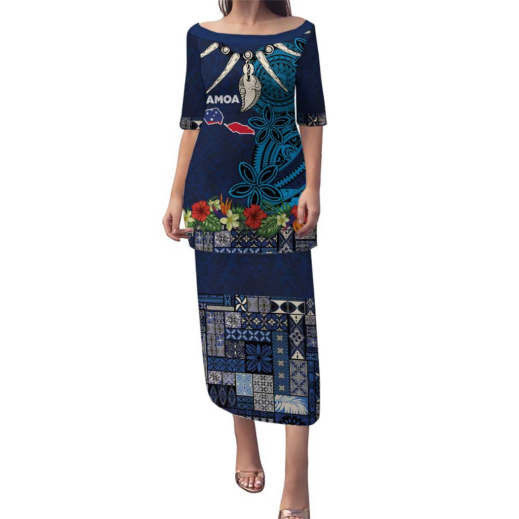 Samoa Siapo Polynesian Art Puletasi Tropical Flowers and Tatau Pattern Navy