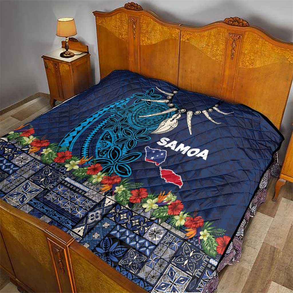 Samoa Siapo Polynesian Art Quilt Tropical Flowers and Tatau Pattern Navy