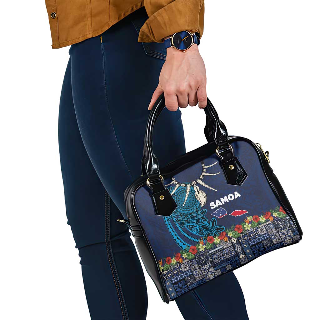 Samoa Siapo Polynesian Art Shoulder Handbag Tropical Flowers and Tatau Pattern Navy