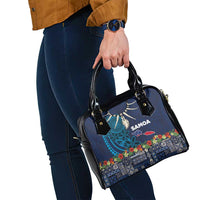 Samoa Siapo Polynesian Art Shoulder Handbag Tropical Flowers and Tatau Pattern Navy