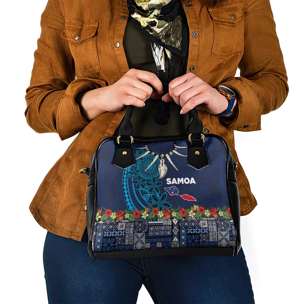 Samoa Siapo Polynesian Art Shoulder Handbag Tropical Flowers and Tatau Pattern Navy