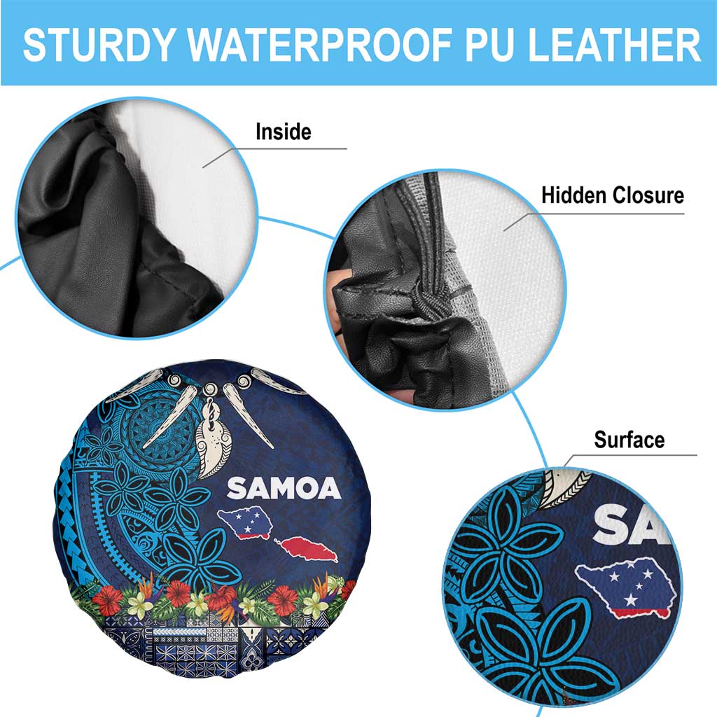 Samoa Siapo Polynesian Art Spare Tire Cover Tropical Flowers and Tatau Pattern Navy