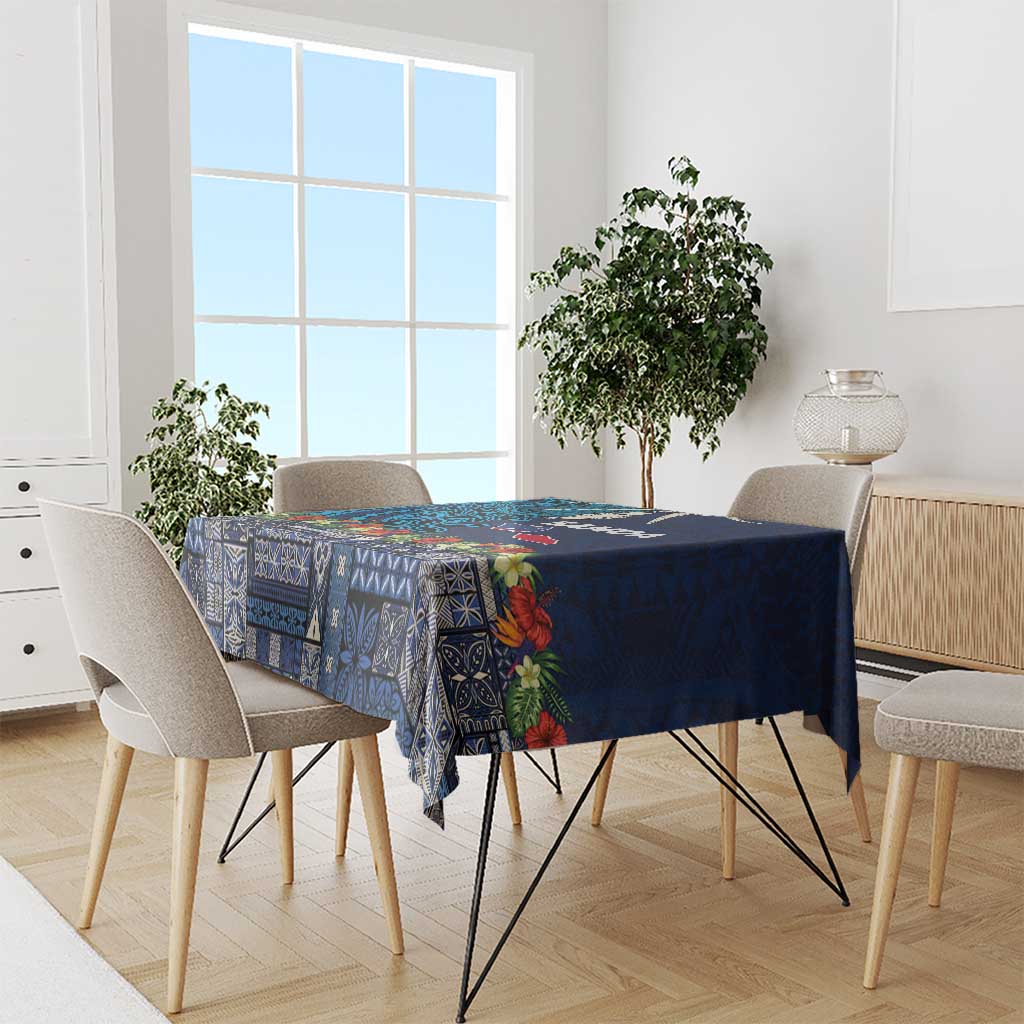 Samoa Siapo Polynesian Art Tablecloth Tropical Flowers and Tatau Pattern Navy