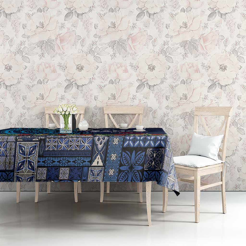 Samoa Siapo Polynesian Art Tablecloth Tropical Flowers and Tatau Pattern Navy