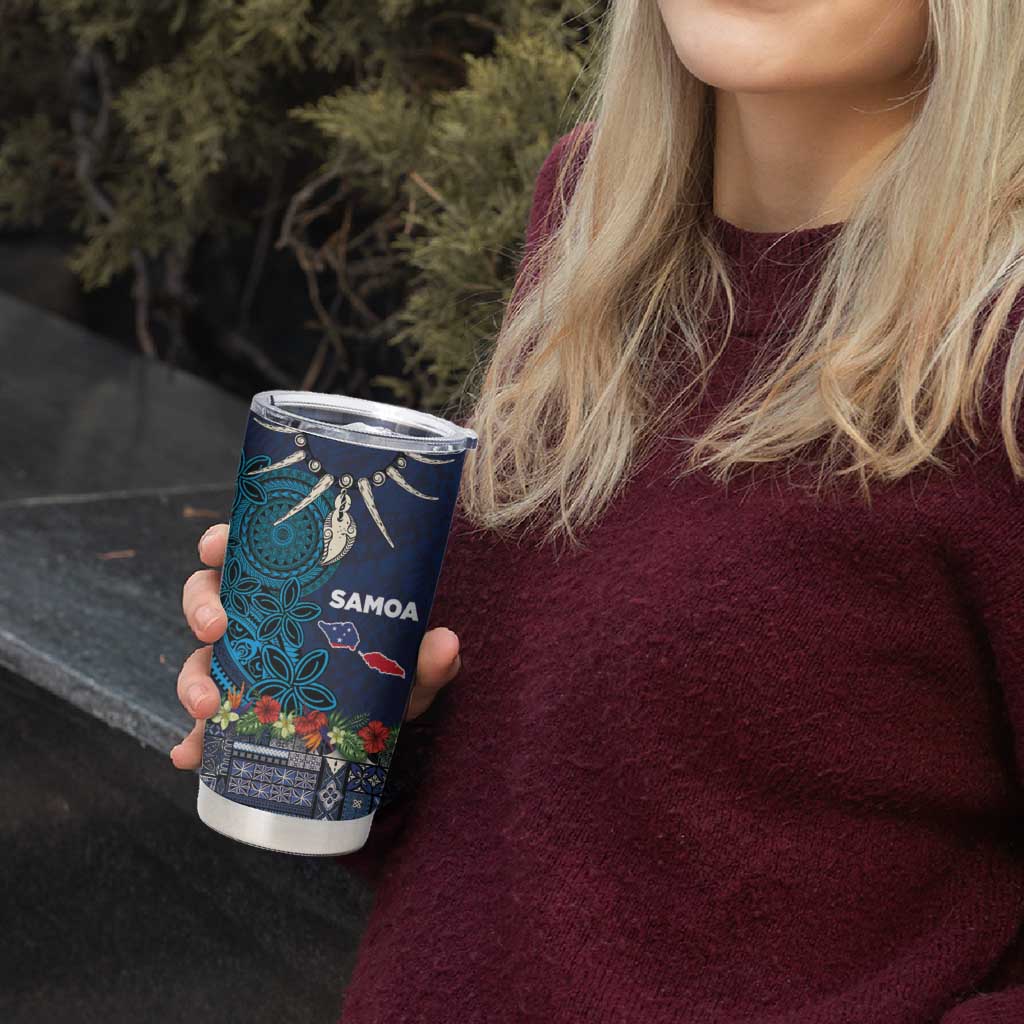 Samoa Siapo Polynesian Art Tumbler Cup Tropical Flowers and Tatau Pattern Navy