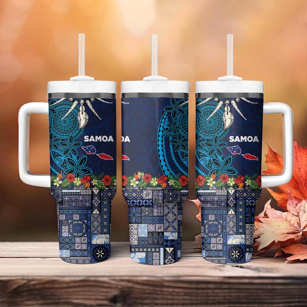 Samoa Siapo Polynesian Art Tumbler With Handle Tropical Flowers and Tatau Pattern Navy