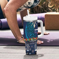 Samoa Siapo Polynesian Art Tumbler With Handle Tropical Flowers and Tatau Pattern Navy