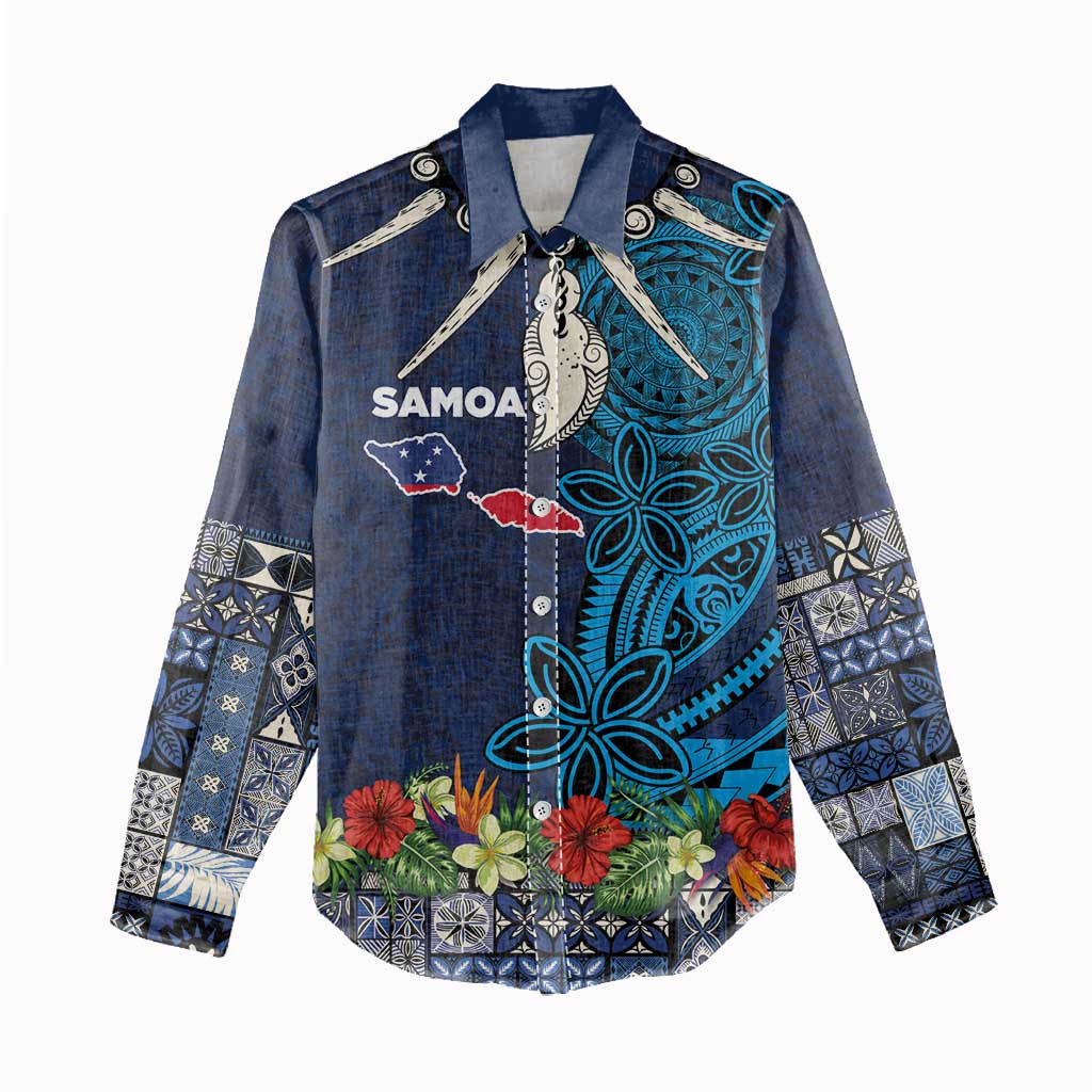 Samoa Siapo Polynesian Art Women Casual Shirt Tropical Flowers and Tatau Pattern Navy