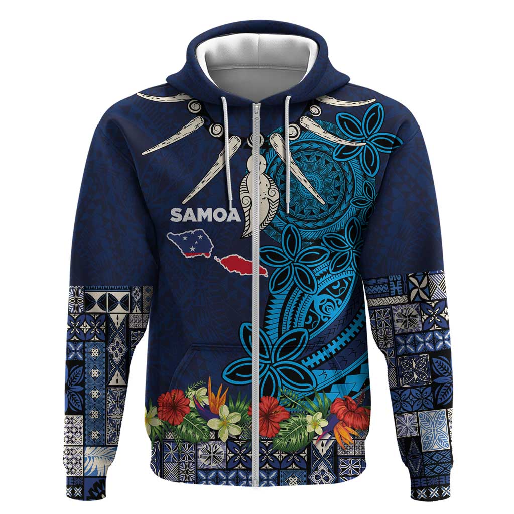 Samoa Siapo Polynesian Art Zip Hoodie Tropical Flowers and Tatau Pattern Navy LT03 Zip Hoodie Navy - Polynesian Pride