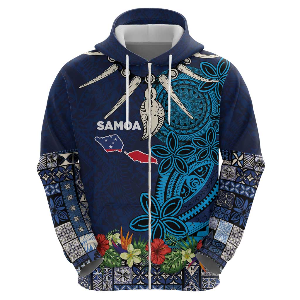 Samoa Siapo Polynesian Art Zip Hoodie Tropical Flowers and Tatau Pattern Navy LT03 - Polynesian Pride
