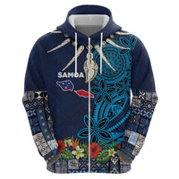 Samoa Siapo Polynesian Art Zip Hoodie Tropical Flowers and Tatau Pattern Navy LT03 - Polynesian Pride