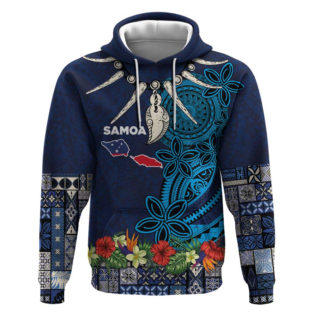 Samoa Siapo Polynesian Art Zip Hoodie Tropical Flowers and Tatau Pattern Navy LT03 Pullover Hoodie Navy - Polynesian Pride