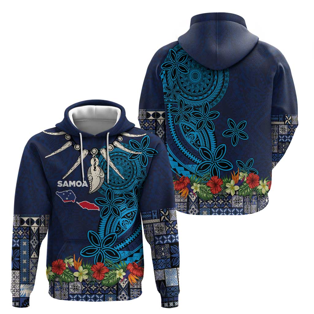 Samoa Siapo Polynesian Art Zip Hoodie Tropical Flowers and Tatau Pattern Navy LT03 - Polynesian Pride